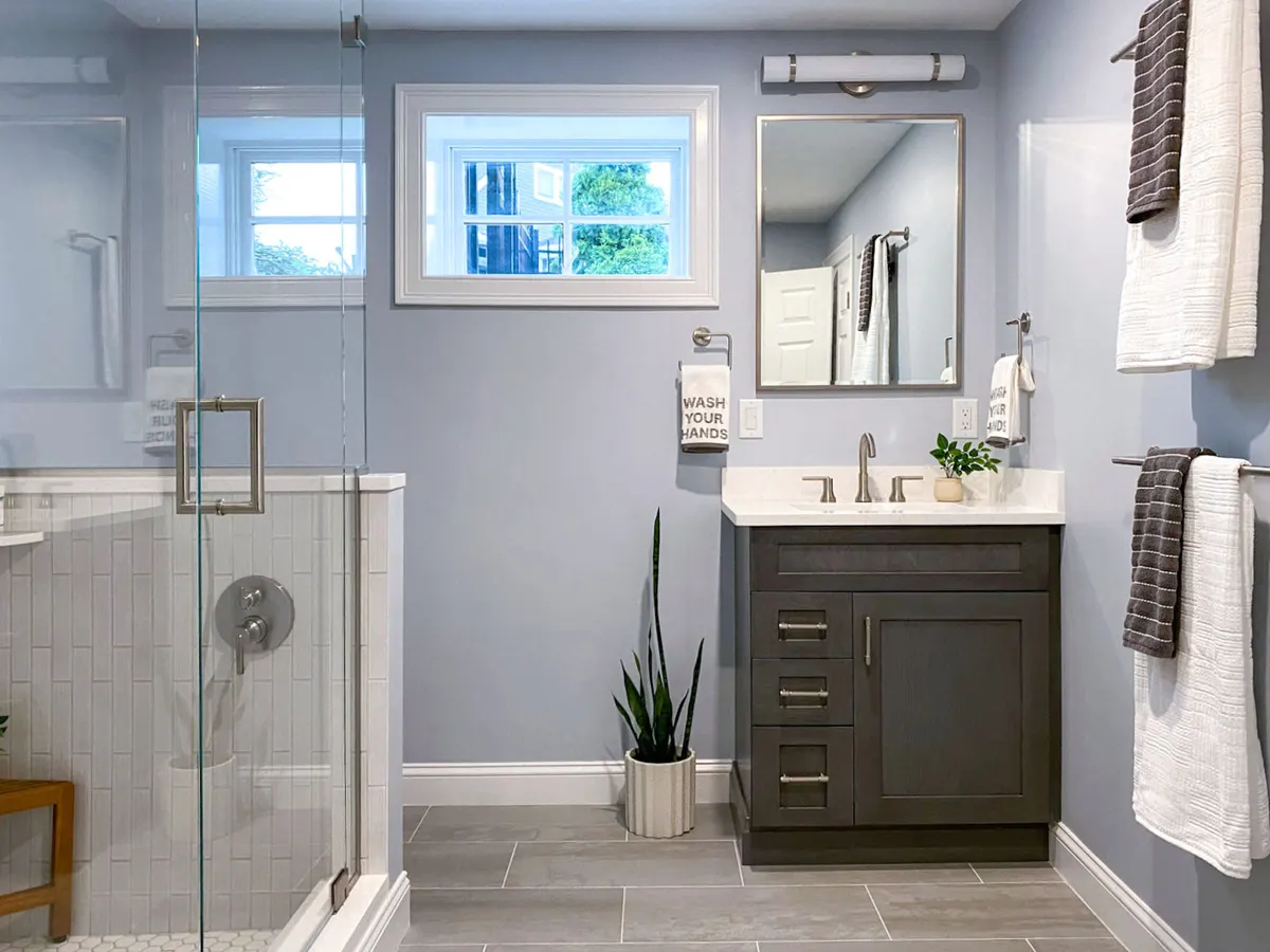 Glass enclosed Walk in Shower bathroom design in Reading, MA