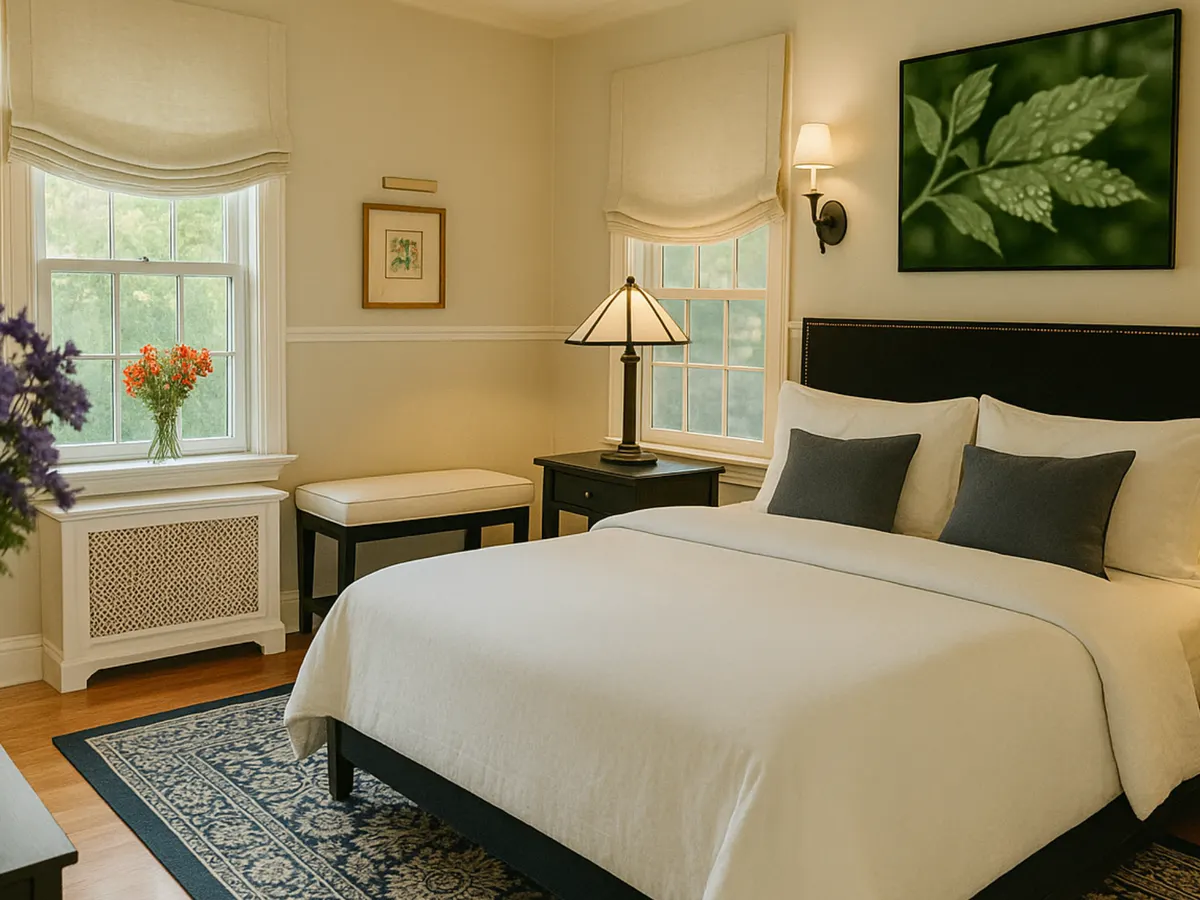 Serene Bedroom Design enhanced with a Pale Yellow color scheme, natural light and classic sconce lights for reading before bed time.